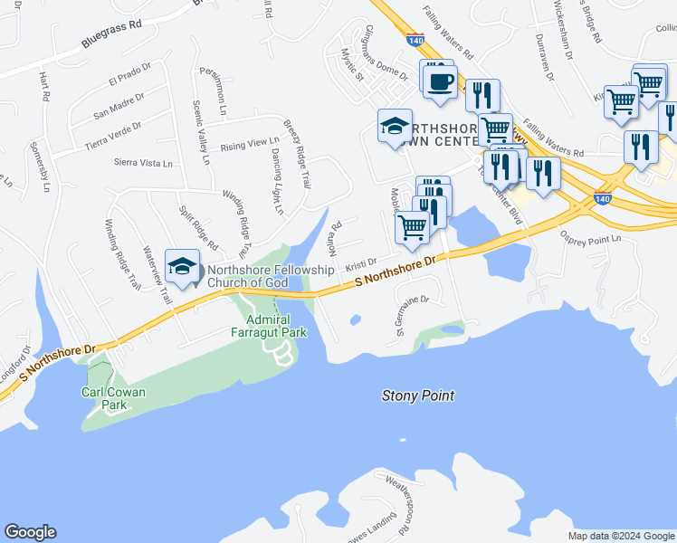 map of restaurants, bars, coffee shops, grocery stores, and more near Kristi Drive in Knoxville