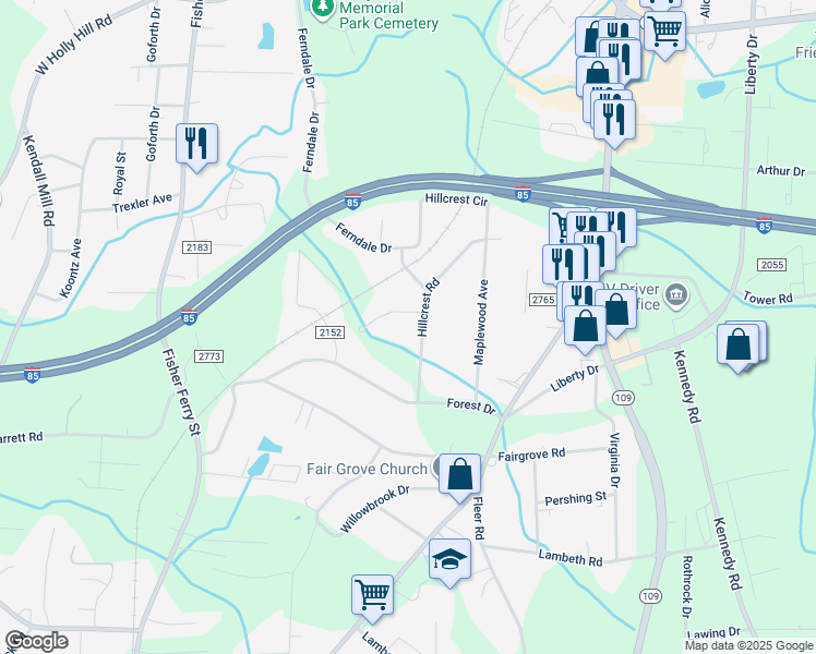 map of restaurants, bars, coffee shops, grocery stores, and more near 121 Hillcrest Road in Thomasville