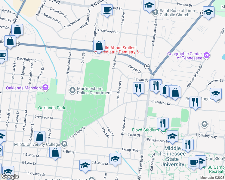 map of restaurants, bars, coffee shops, grocery stores, and more near 931 Leaf Avenue in Murfreesboro