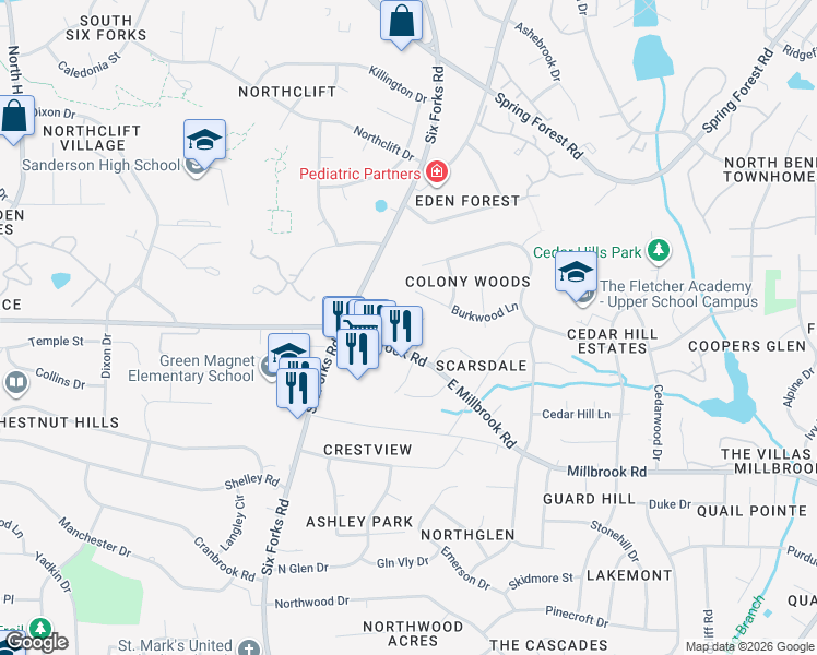 map of restaurants, bars, coffee shops, grocery stores, and more near 5581 Burnlee Place in Raleigh
