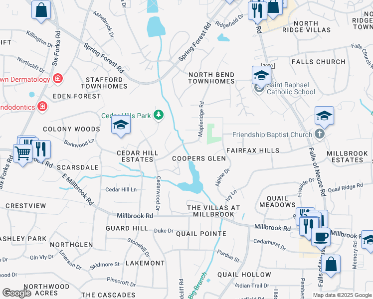 map of restaurants, bars, coffee shops, grocery stores, and more near 620 Pine Ridge Place in Raleigh
