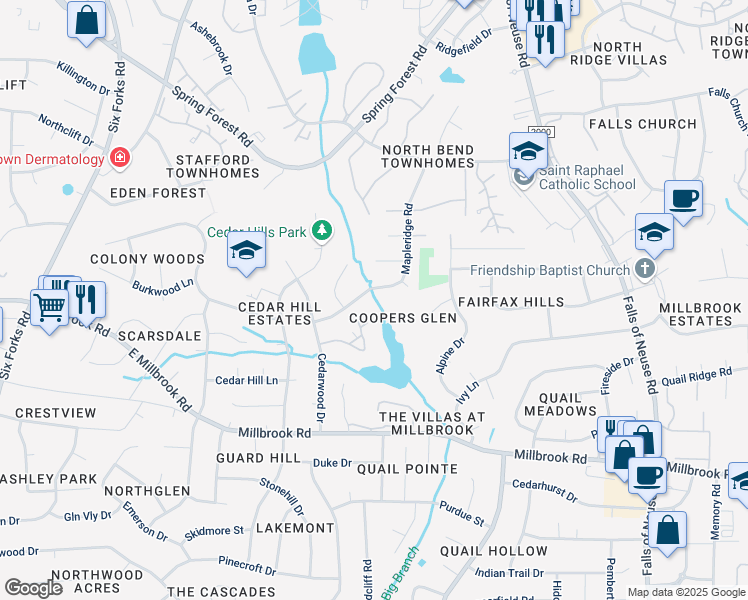 map of restaurants, bars, coffee shops, grocery stores, and more near 544 Pine Ridge Place in Raleigh