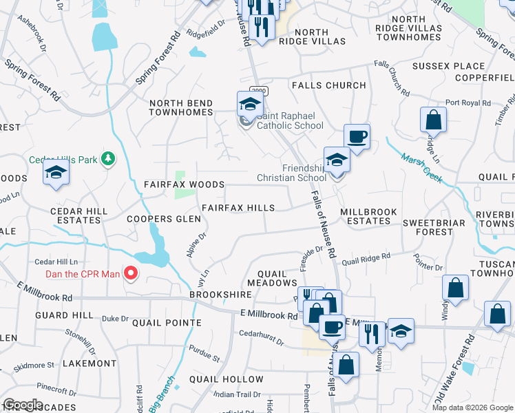 map of restaurants, bars, coffee shops, grocery stores, and more near 1235 Fairfax Drive in Raleigh