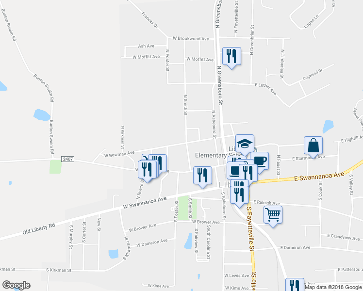 map of restaurants, bars, coffee shops, grocery stores, and more near 243 North Foster Street in Liberty