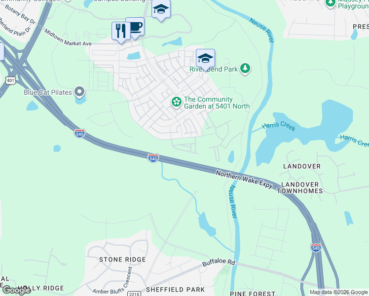 map of restaurants, bars, coffee shops, grocery stores, and more near Northern Wake Expressway in Raleigh