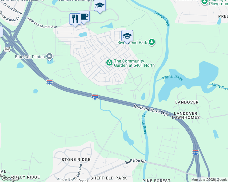 map of restaurants, bars, coffee shops, grocery stores, and more near Northern Wake Expressway in Raleigh
