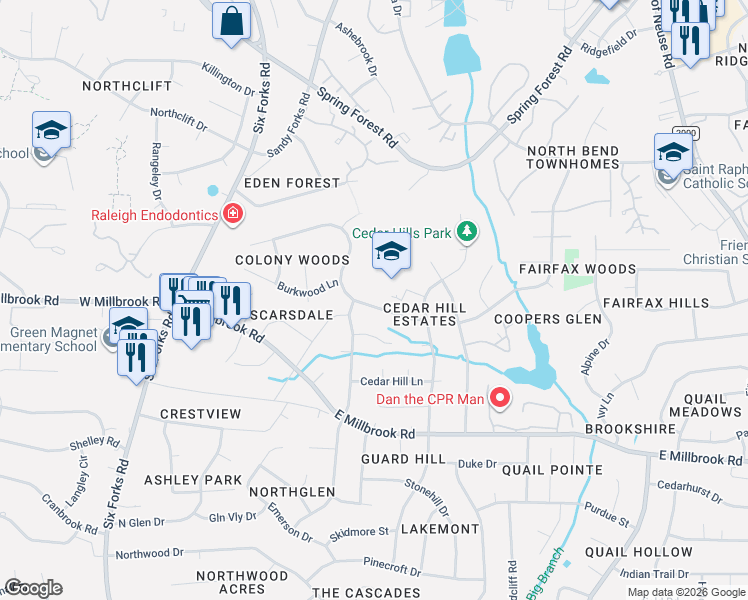 map of restaurants, bars, coffee shops, grocery stores, and more near 404 Rosehaven Drive in Raleigh