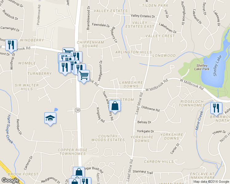 map of restaurants, bars, coffee shops, grocery stores, and more near 2513 Shadow Hills Court in Raleigh
