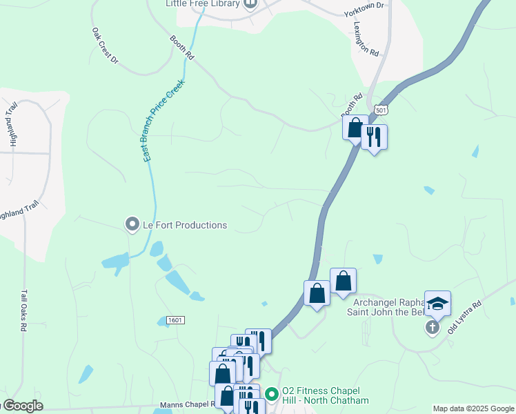 map of restaurants, bars, coffee shops, grocery stores, and more near 34 Bell Circle in Chapel Hill