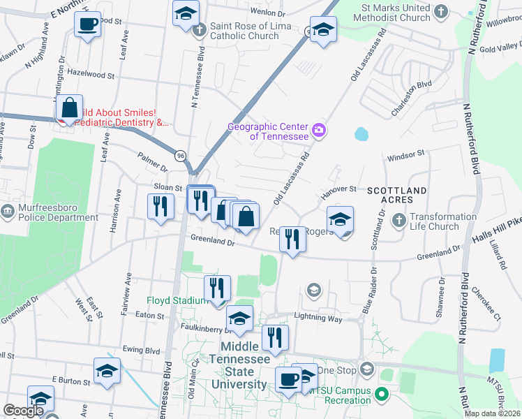 map of restaurants, bars, coffee shops, grocery stores, and more near 1015 Old Lascassas Road in Murfreesboro