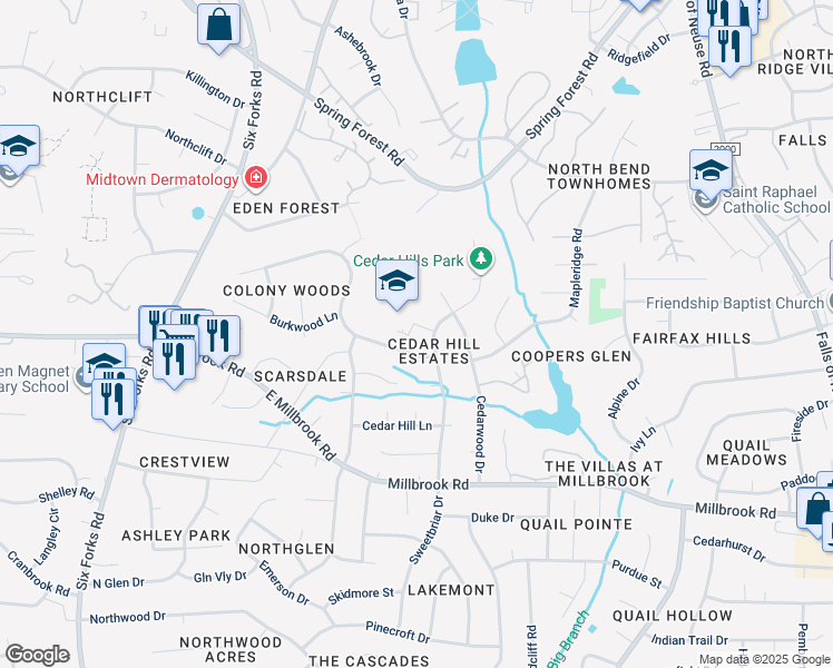 map of restaurants, bars, coffee shops, grocery stores, and more near 412 Cedarview Court in Raleigh