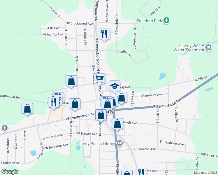 map of restaurants, bars, coffee shops, grocery stores, and more near 232 North Greensboro Street in Liberty