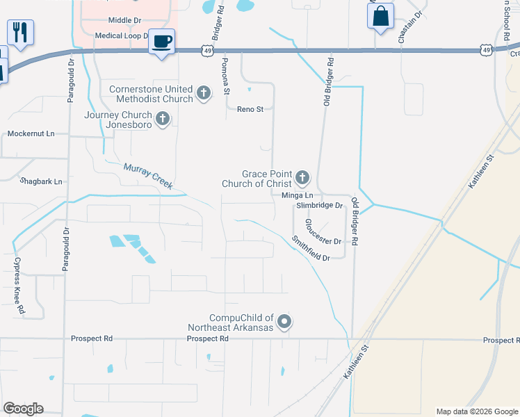 map of restaurants, bars, coffee shops, grocery stores, and more near 825 Smithfield Drive in Jonesboro