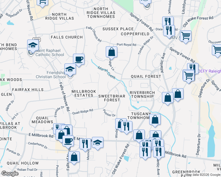 map of restaurants, bars, coffee shops, grocery stores, and more near 1729 Quail Ridge Road in Raleigh