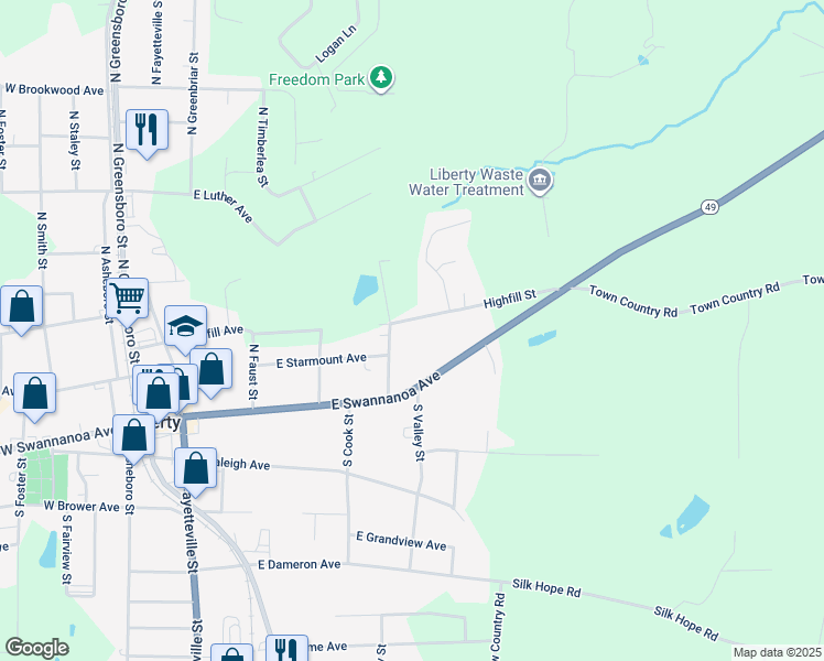 map of restaurants, bars, coffee shops, grocery stores, and more near 520E East Highfill Avenue in Liberty
