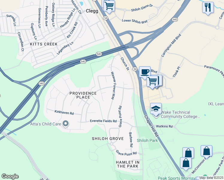 map of restaurants, bars, coffee shops, grocery stores, and more near 1977 Weaver Forest Way in Morrisville