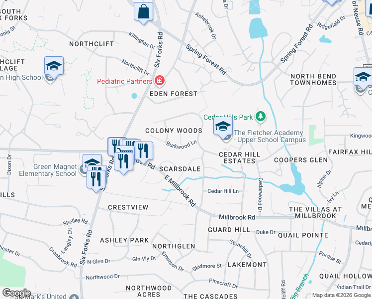 map of restaurants, bars, coffee shops, grocery stores, and more near 5501 Kellwood Court in Raleigh