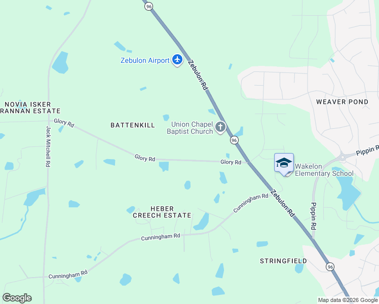 map of restaurants, bars, coffee shops, grocery stores, and more near 8525 Glory Road in Zebulon