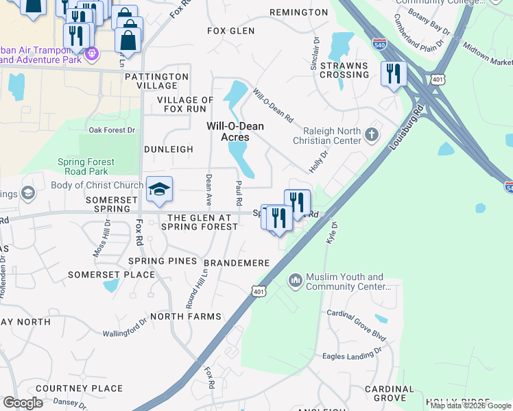 map of restaurants, bars, coffee shops, grocery stores, and more near 4905 Spring Forest Road in Raleigh