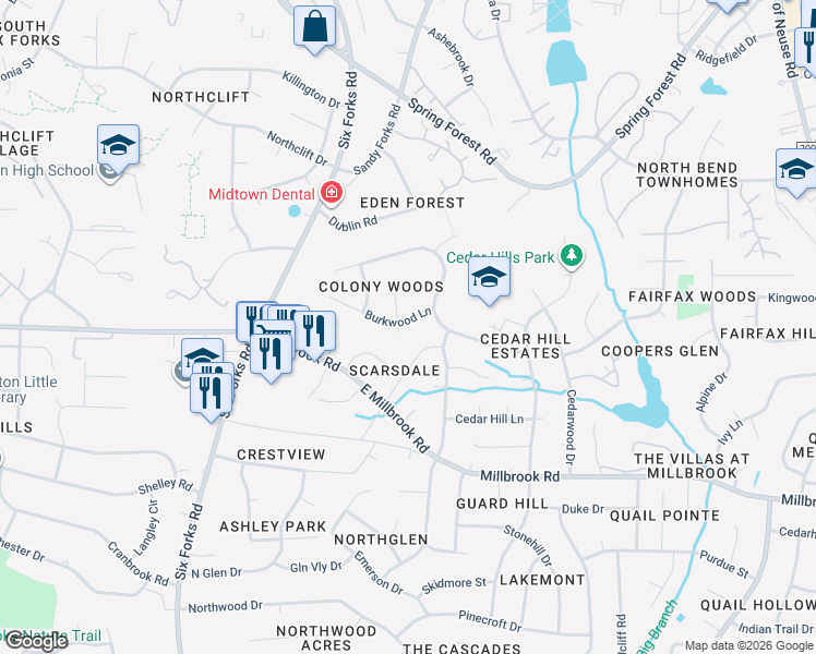 map of restaurants, bars, coffee shops, grocery stores, and more near 300 Burkwood Lane in Raleigh
