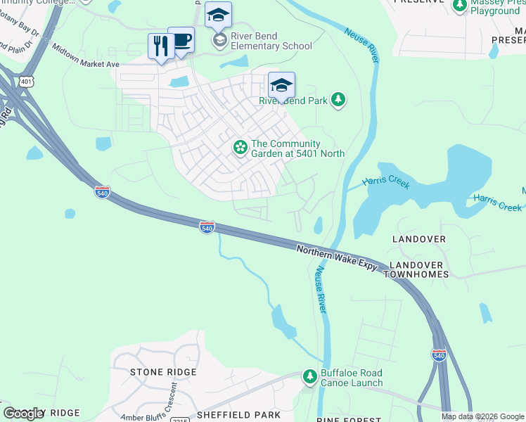 map of restaurants, bars, coffee shops, grocery stores, and more near Northern Wake Expressway in Raleigh
