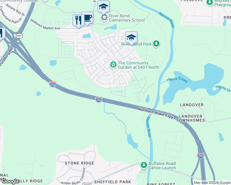 map of restaurants, bars, coffee shops, grocery stores, and more near Northern Wake Expressway in Raleigh