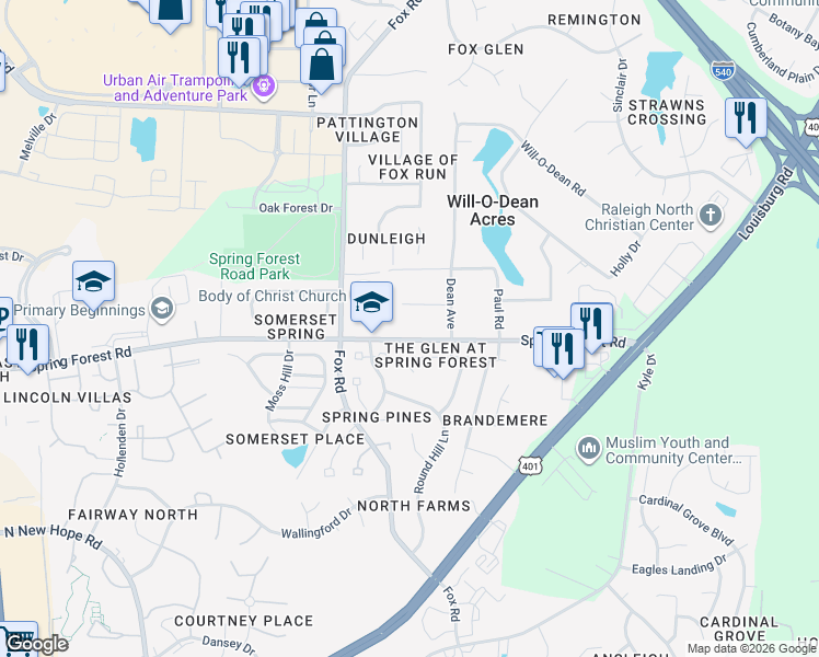 map of restaurants, bars, coffee shops, grocery stores, and more near 5713 Spring Glen Lane in Raleigh