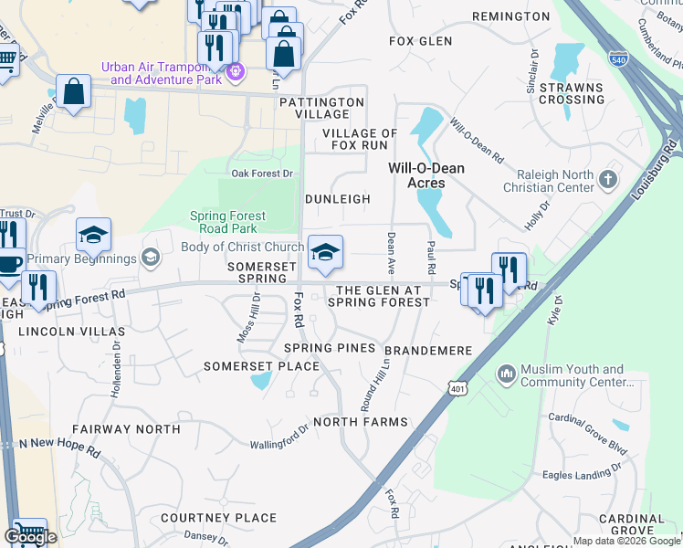 map of restaurants, bars, coffee shops, grocery stores, and more near 5620 Spring Pines Way in Raleigh