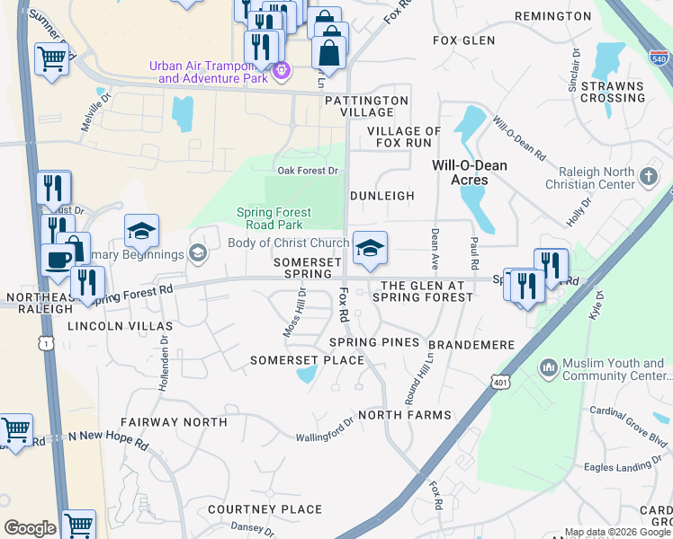 map of restaurants, bars, coffee shops, grocery stores, and more near 4425 Moss Spring Drive in Raleigh