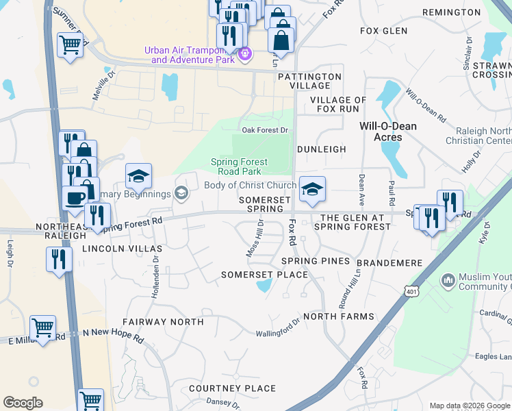 map of restaurants, bars, coffee shops, grocery stores, and more near 5500 Moss Hill Drive in Raleigh