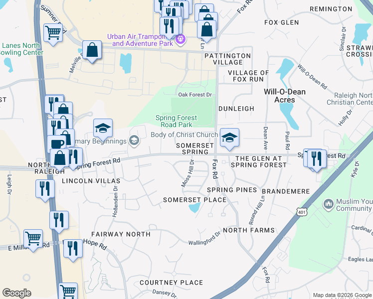 map of restaurants, bars, coffee shops, grocery stores, and more near 4313 Moss Spring Drive in Raleigh