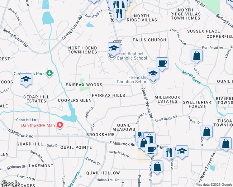 map of restaurants, bars, coffee shops, grocery stores, and more near 1235 Fairfax Drive in Raleigh
