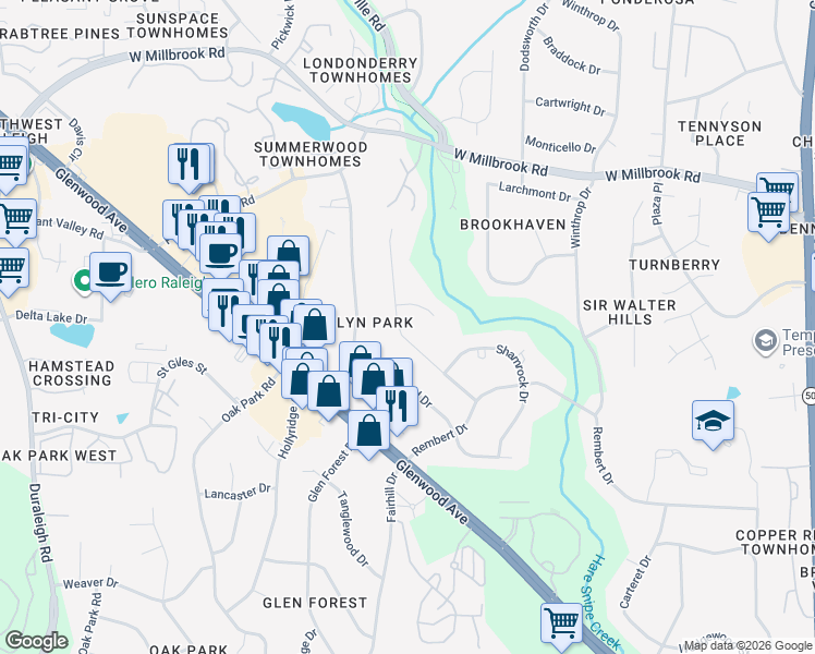 map of restaurants, bars, coffee shops, grocery stores, and more near 5412 Parkwood Drive in Raleigh