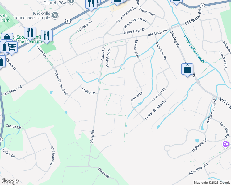 map of restaurants, bars, coffee shops, grocery stores, and more near 12920 Pine Meadows Lane in Knoxville