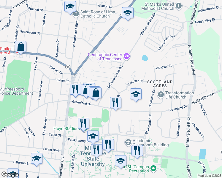 map of restaurants, bars, coffee shops, grocery stores, and more near 1134 Old Lascassas Road in Murfreesboro
