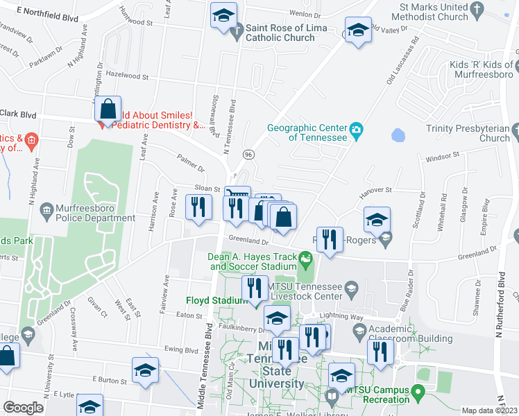 map of restaurants, bars, coffee shops, grocery stores, and more near 1311 Greenland Drive in Murfreesboro