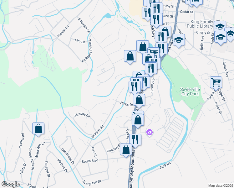 map of restaurants, bars, coffee shops, grocery stores, and more near 307 Hicks Drive in Sevierville