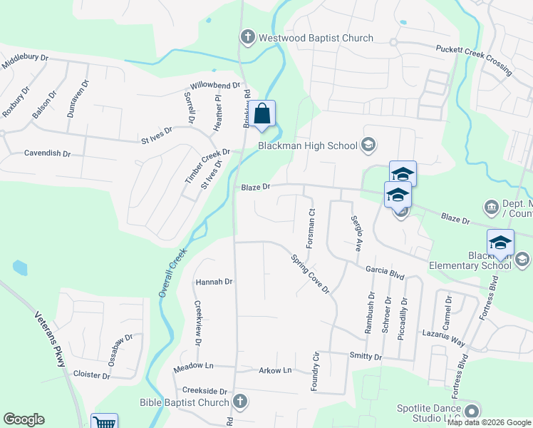 map of restaurants, bars, coffee shops, grocery stores, and more near 4827 Trevino Court in Murfreesboro