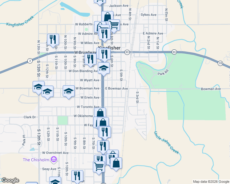 map of restaurants, bars, coffee shops, grocery stores, and more near 220 East Erwin Avenue in Kingfisher