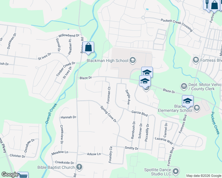 map of restaurants, bars, coffee shops, grocery stores, and more near 4649 Forsman Court in Murfreesboro
