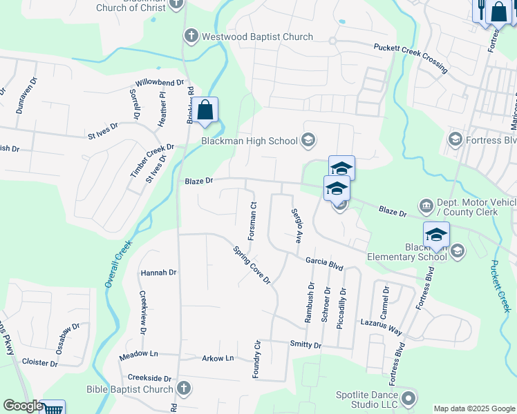 map of restaurants, bars, coffee shops, grocery stores, and more near 4662 Forsman Court in Murfreesboro