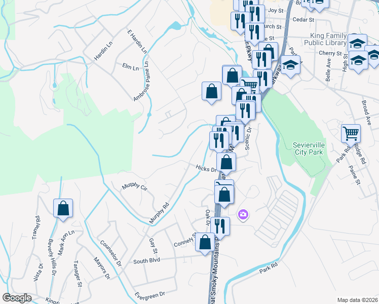 map of restaurants, bars, coffee shops, grocery stores, and more near 307 Hicks Drive in Sevierville