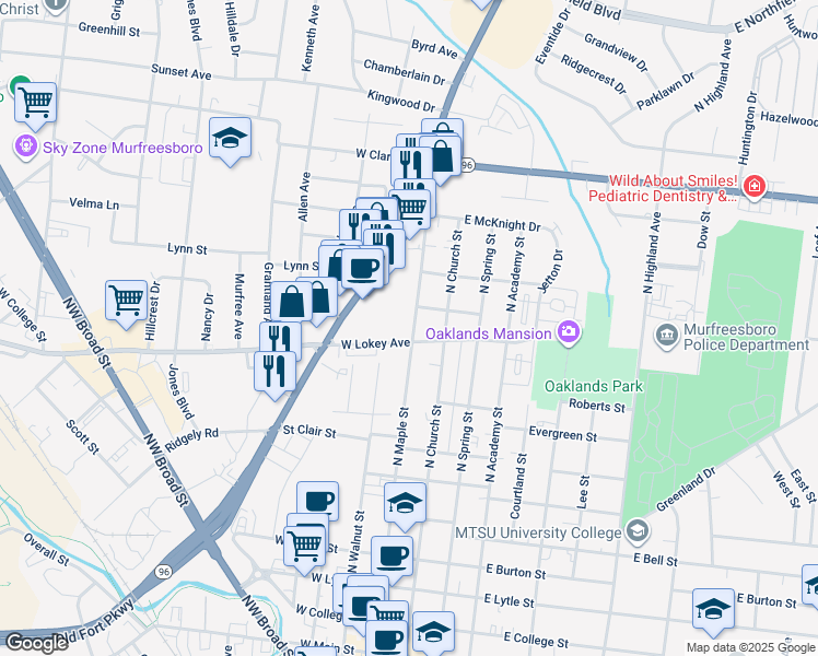 map of restaurants, bars, coffee shops, grocery stores, and more near 850 North Maple Street in Murfreesboro