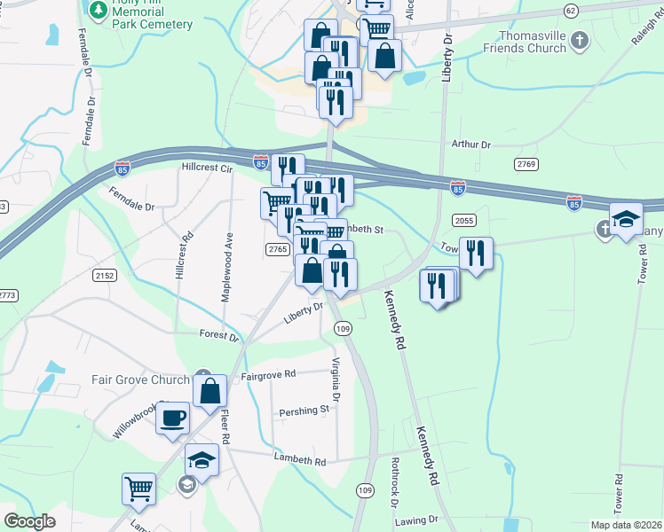 map of restaurants, bars, coffee shops, grocery stores, and more near 1148 Randolph Street in Thomasville