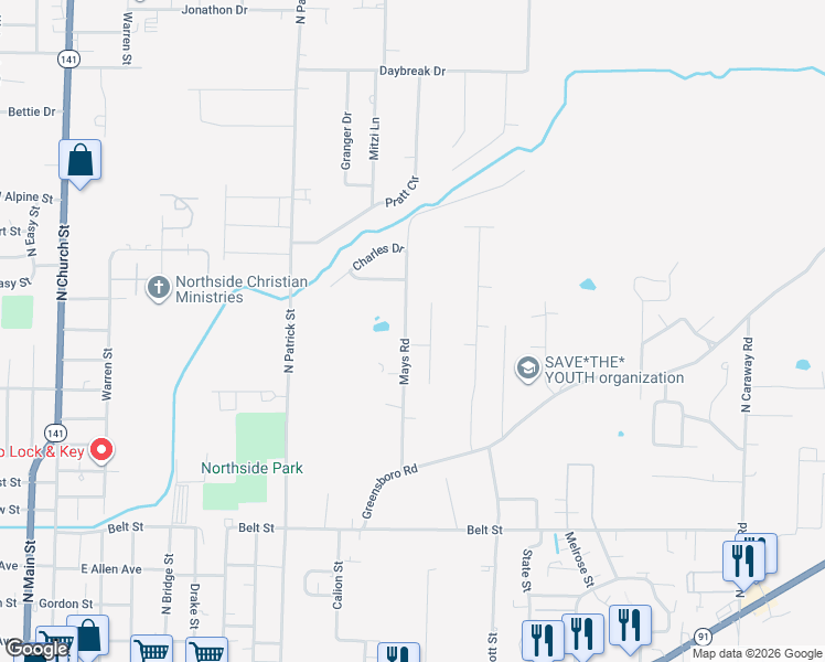 map of restaurants, bars, coffee shops, grocery stores, and more near 1001 Mays Road in Jonesboro