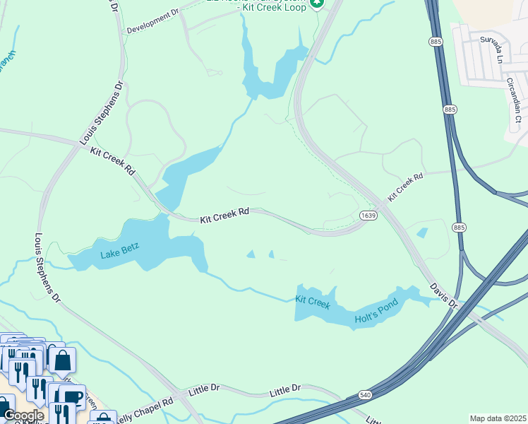 map of restaurants, bars, coffee shops, grocery stores, and more near Kit Creek Road in Morrisville