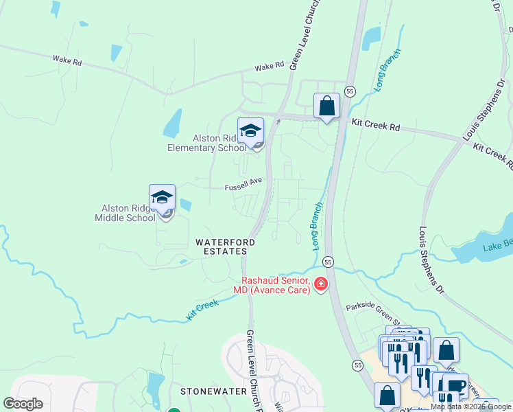 map of restaurants, bars, coffee shops, grocery stores, and more near 11427 Green Level Church Road in Cary
