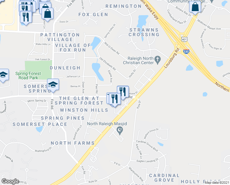map of restaurants, bars, coffee shops, grocery stores, and more near 4913 Spring Forest Road in Raleigh