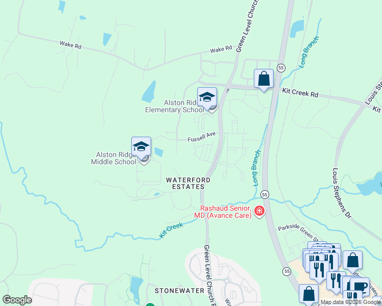map of restaurants, bars, coffee shops, grocery stores, and more near 11427 Green Level Church Road in Cary