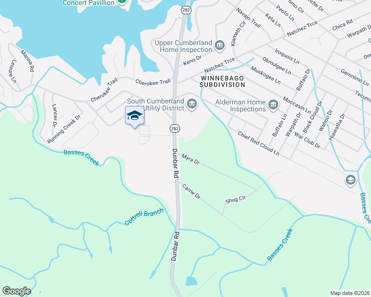 map of restaurants, bars, coffee shops, grocery stores, and more near 43 Myra Drive in Crossville